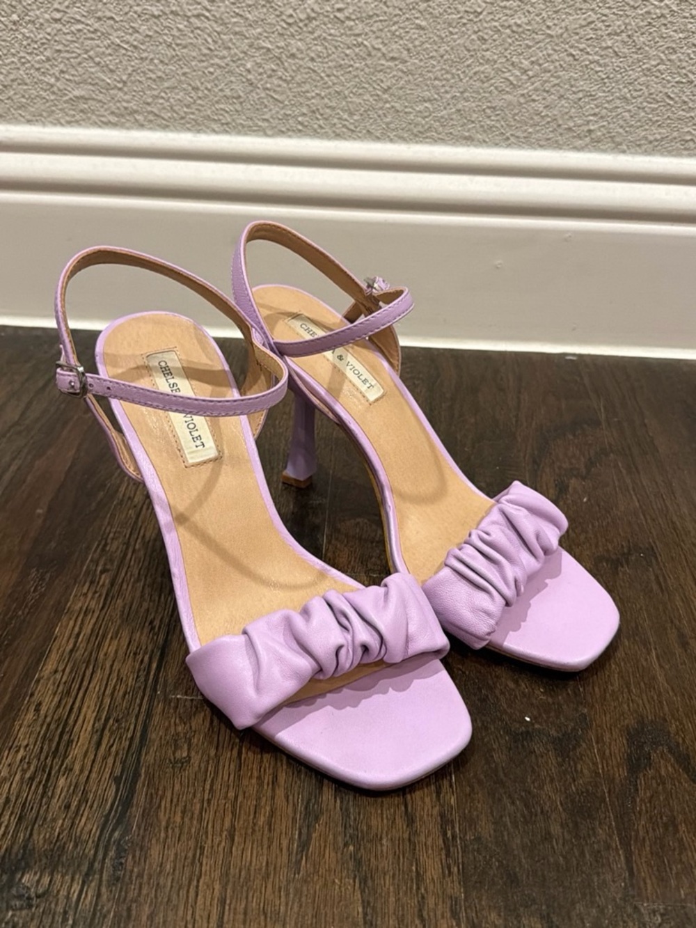 Chelsea & Violet Lavender Ruched Strap Heeled Sandals